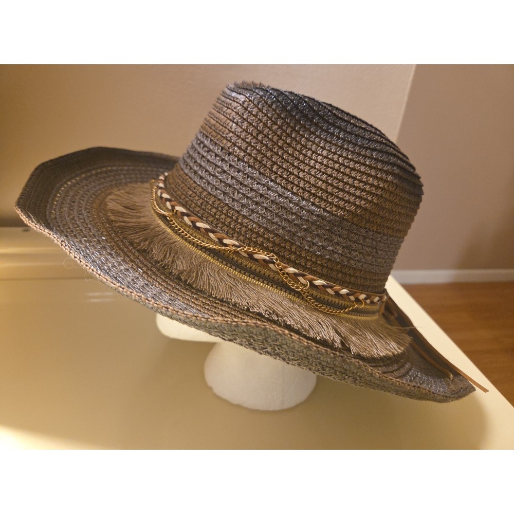 Headzy Conference Straw Hat 23" Wide Brim Boho Western Style Fringe Chain Band